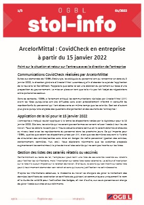 05.01.2022 - ArcelorMittal : CovidCheck en entreprise à partir du 15 janvier 2022