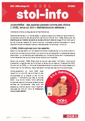 20.07.2021 - ArcelorMittal : des salariés pressés comme des citrons L’OGBL lance un SOS « Maintenance en détresse »