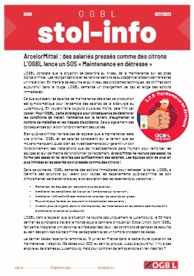 20.07.2021 - ArcelorMittal : des salariés pressés comme des citrons L’OGBL lance un SOS « Maintenance en détresse »