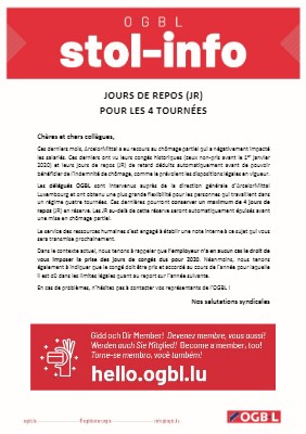 21.07.2020 - JOURS DE REPOS (JR) POUR LES 4 TOURNÉES