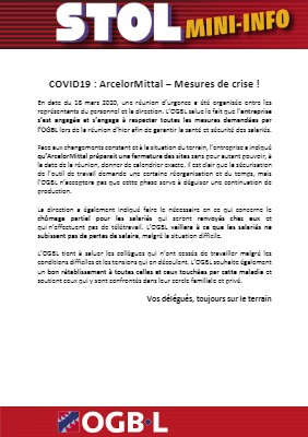 18.03.2020 - COVID19 : ArcelorMittal – Mesures de crise !