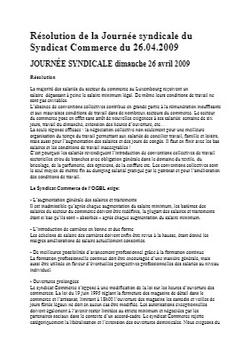 Résolution de la Journée syndicale du Syndicat Commerce du 26.04.2009