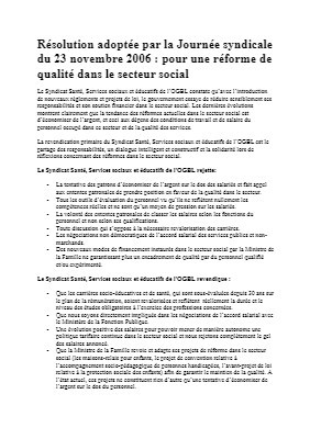 Résolution adoptée par la Journée syndicale du 23 novembre 2006 : pour une réforme de qualité dans le secteur social