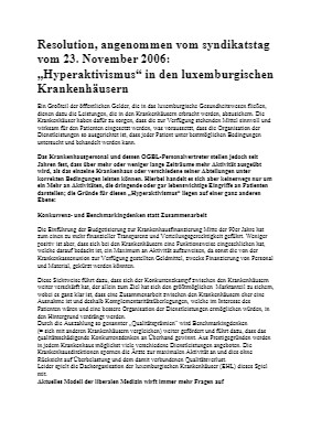 Resolution, angenommen vom syndikatstag vom 23. November 2006: „Hyperaktivismus“ in den luxemburgischen Krankenhäusern