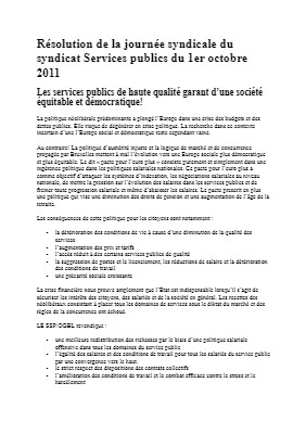 Résolution de la journée syndicale du syndicat Services publics du 1er octobre 2011