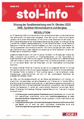 Sitzung der Syndikatsleitung vom 14. Oktober 2020 - Resolution