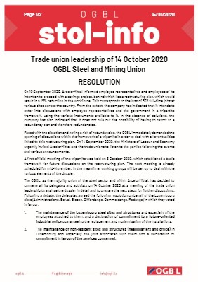 Trade union leadership of 14 October 2020 - Resolution