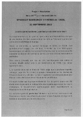 Résolution du syndicat Sidérurgie et Mines adoptée par la 14ième Journée syndicale le 22 septembre 2012