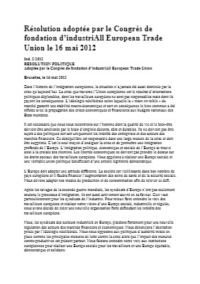 Résolution adoptée par le Congrès de fondation d’industriAll European Trade Union le 16 mai 2012