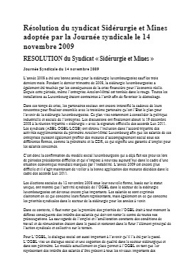 Résolution du syndicat Sidérurgie et Mines adoptée par la Journée syndicale le 14 novembre 2009