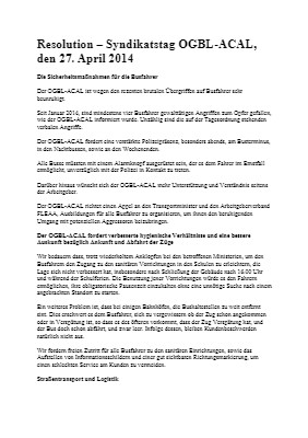 Resolution - Syndikatstag OGBL-ACAL, den 27. April 2014