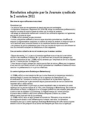 Résolution adoptée par la Journée syndicale le 2 octobre 2011