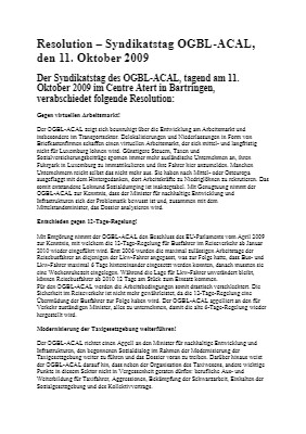 Resolution - Syndikatstag OGBL-ACAL, den 11. Oktober 2009