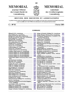 Statuts à la constitution, 31 août 2000, publiés au Mémorial C0082032 du 3 février 2001 (pdf)
